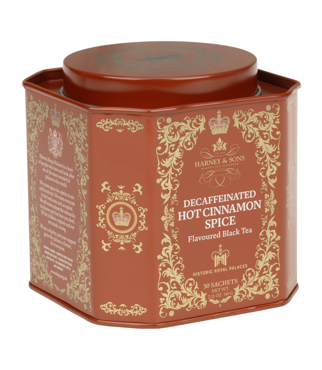Harney & Sons Fine Teas- Historic Royal Palace Collection- Decaffeinated Hot Cinnamon Spice- Brown and gold tin of 30 sachets