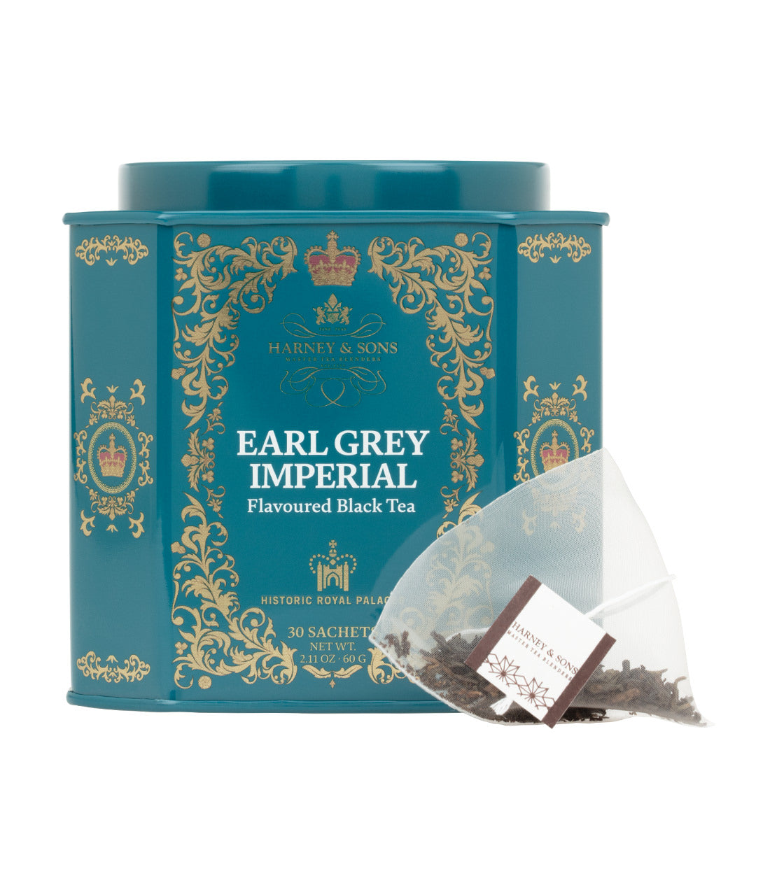 Harney & Sons Fine Teas- Historic Royal Palaces Collection- Earl Grey Imperial- Green and Gold Tin of 30 sachets- Head on shot with sachet 