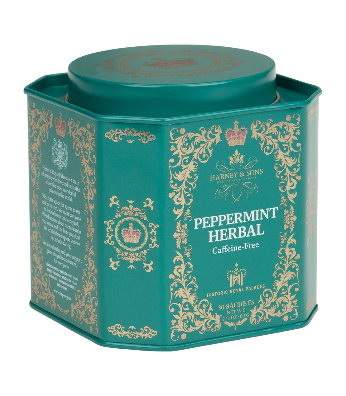Harney & Sons Peppermint Herbal tea tin, containing 30 caffeine-free sachets, in a decorative green design.