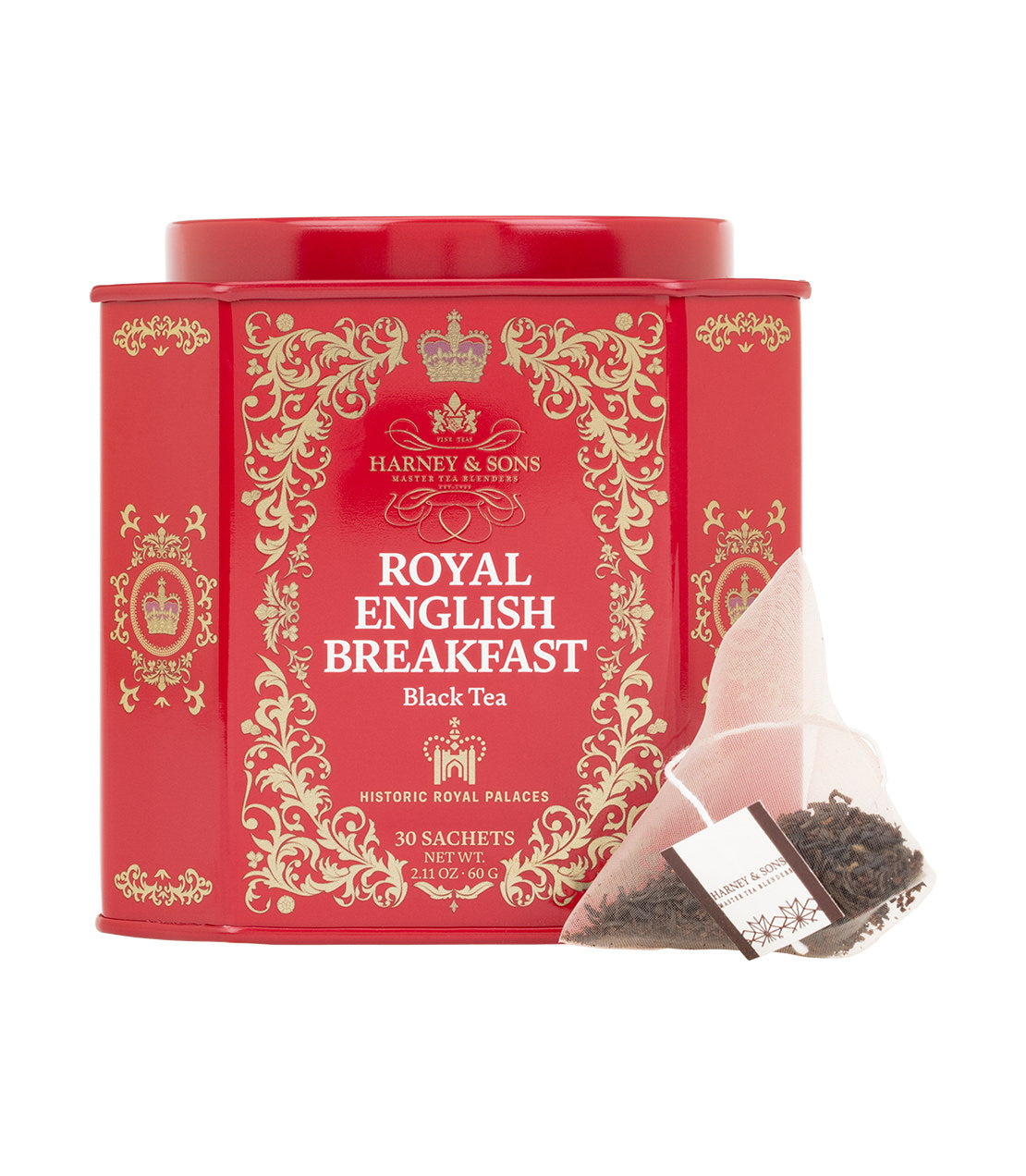 Harney & Sons Fine Teas- Historic Royal Palaces- Royal English Breakfast- Black Tea- Red and Gold 30 Count Tin of Sachets- Pictured with a pyramid sachet