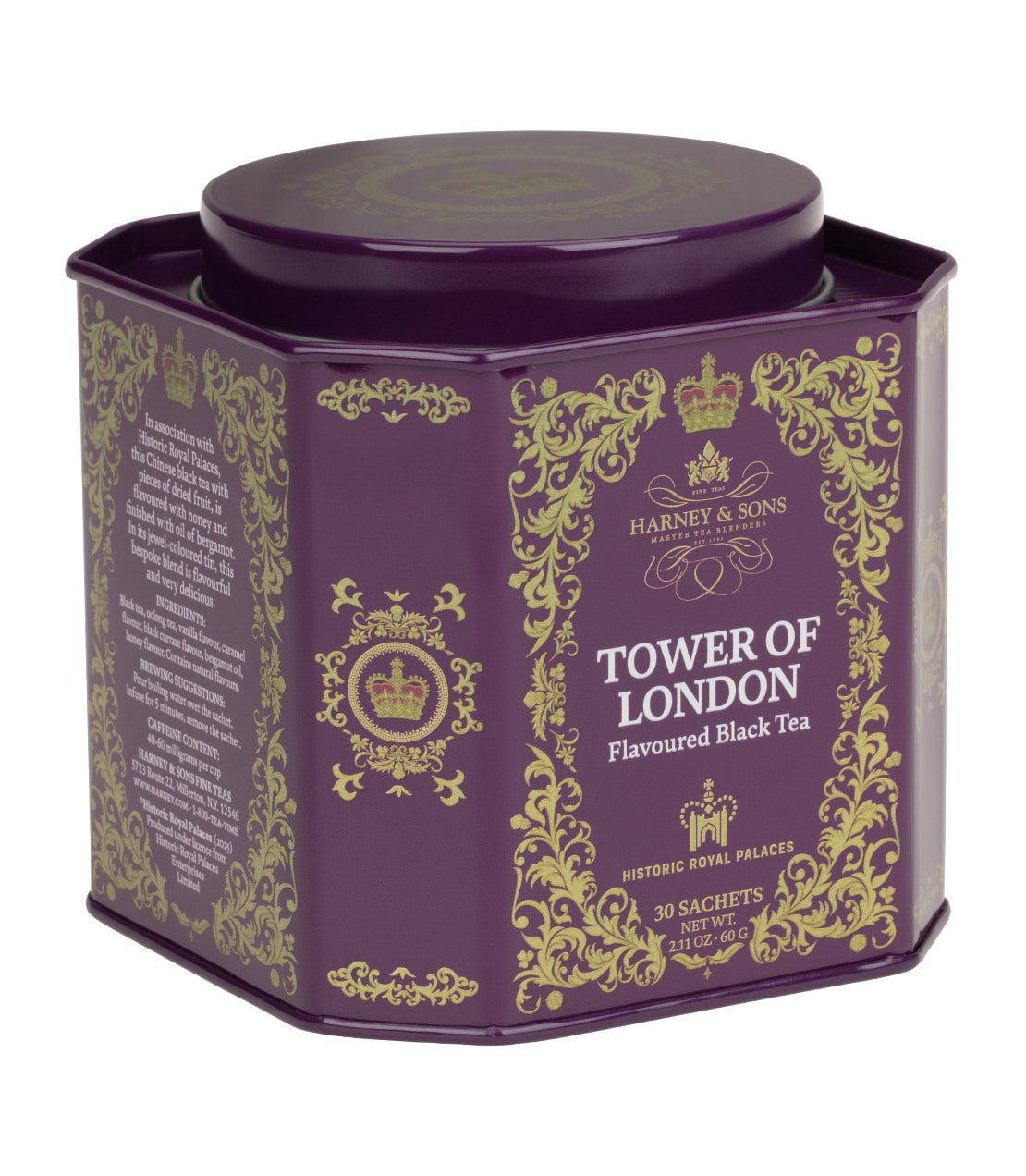 Harney & Sons Tower of London Blend tea tin with 30 sachets, featuring a purple design and historic branding