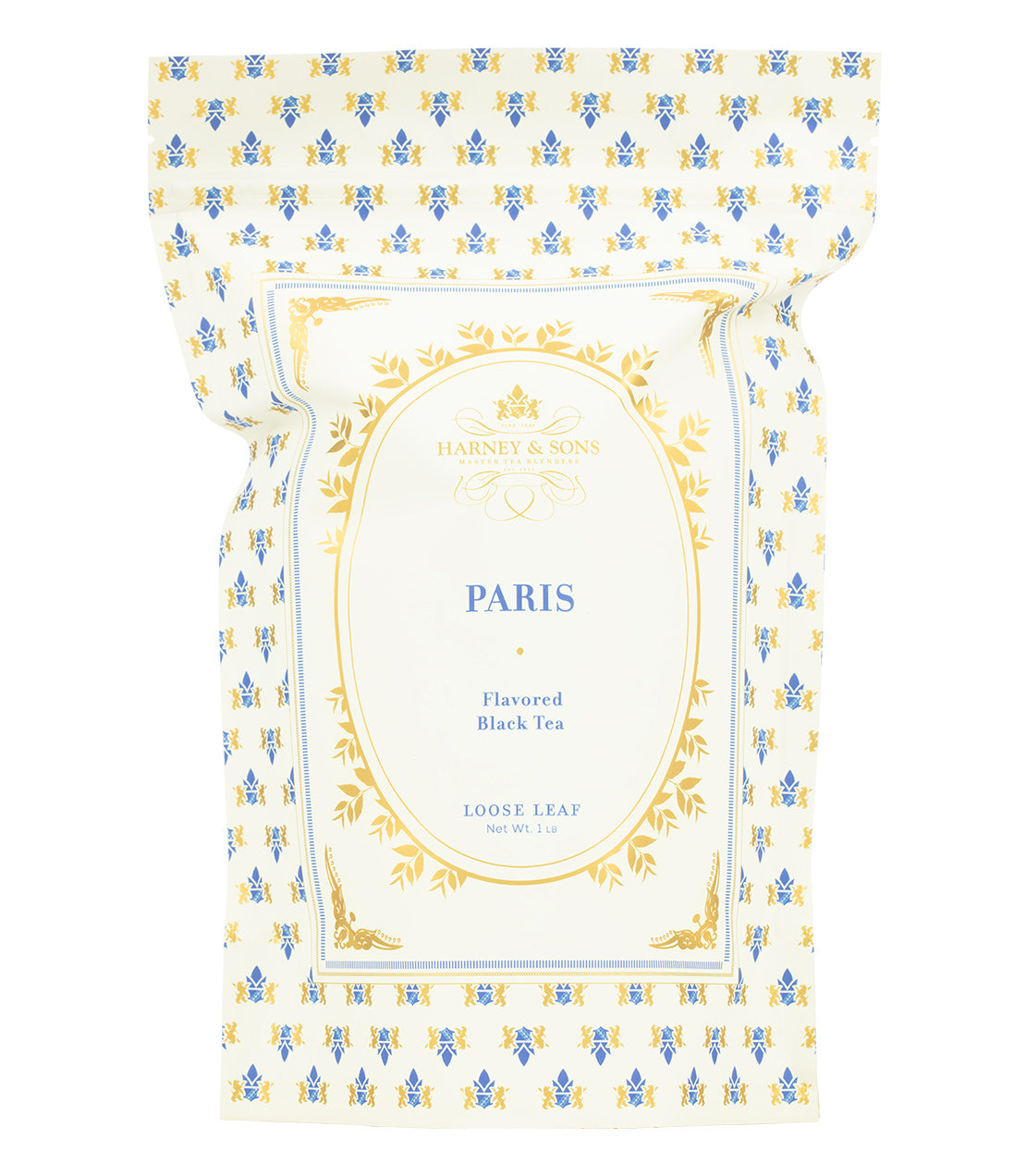 Harney & Sons Fine Teas- Paris- 1lb bag of loose leaf tea with blue and gold design on white bag