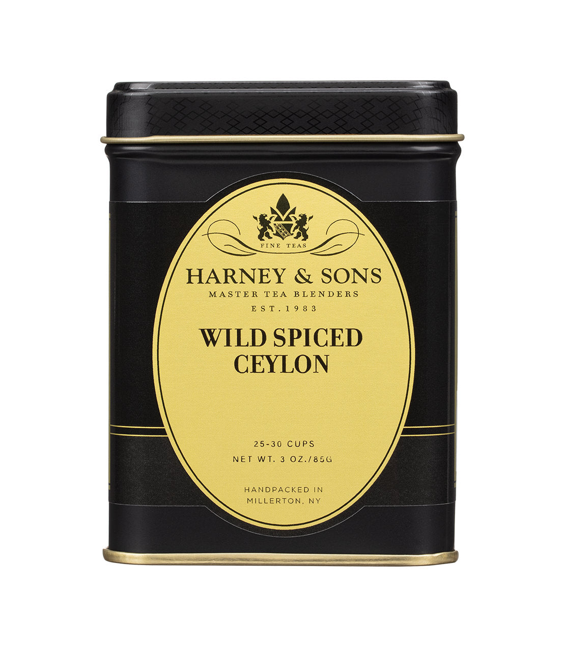 Black 3oz tin of Harney & Sons Wild Spiced Ceylon tea, featuring elegant branding and a gold label.