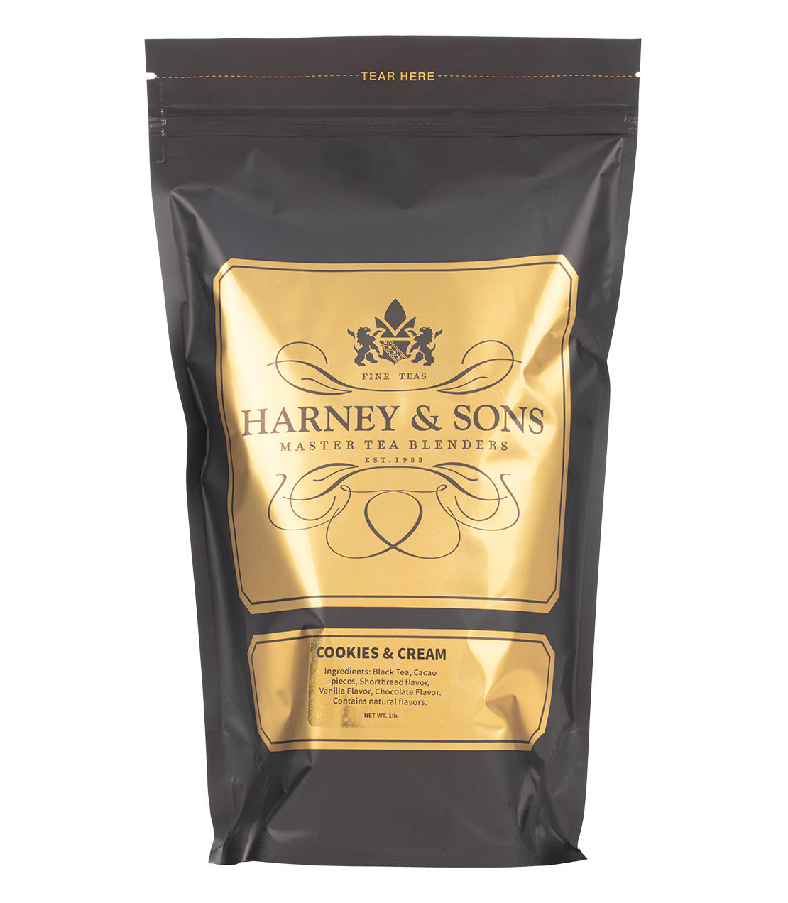 Harney & Sons Fine Teas- Cookies & Cream- Black and gold bag of 1 pound of loose tea