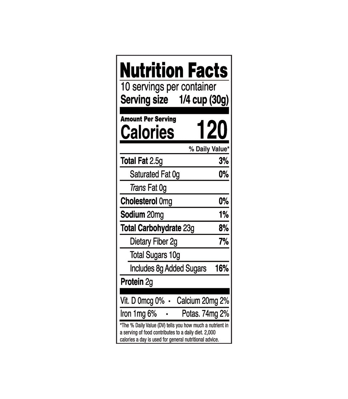 Aurora Natural Granola- Cranberry Vanilla Crunch- 10.5 oz bag- Nutrition Facts- 10 servings per container- 120 calories per serving