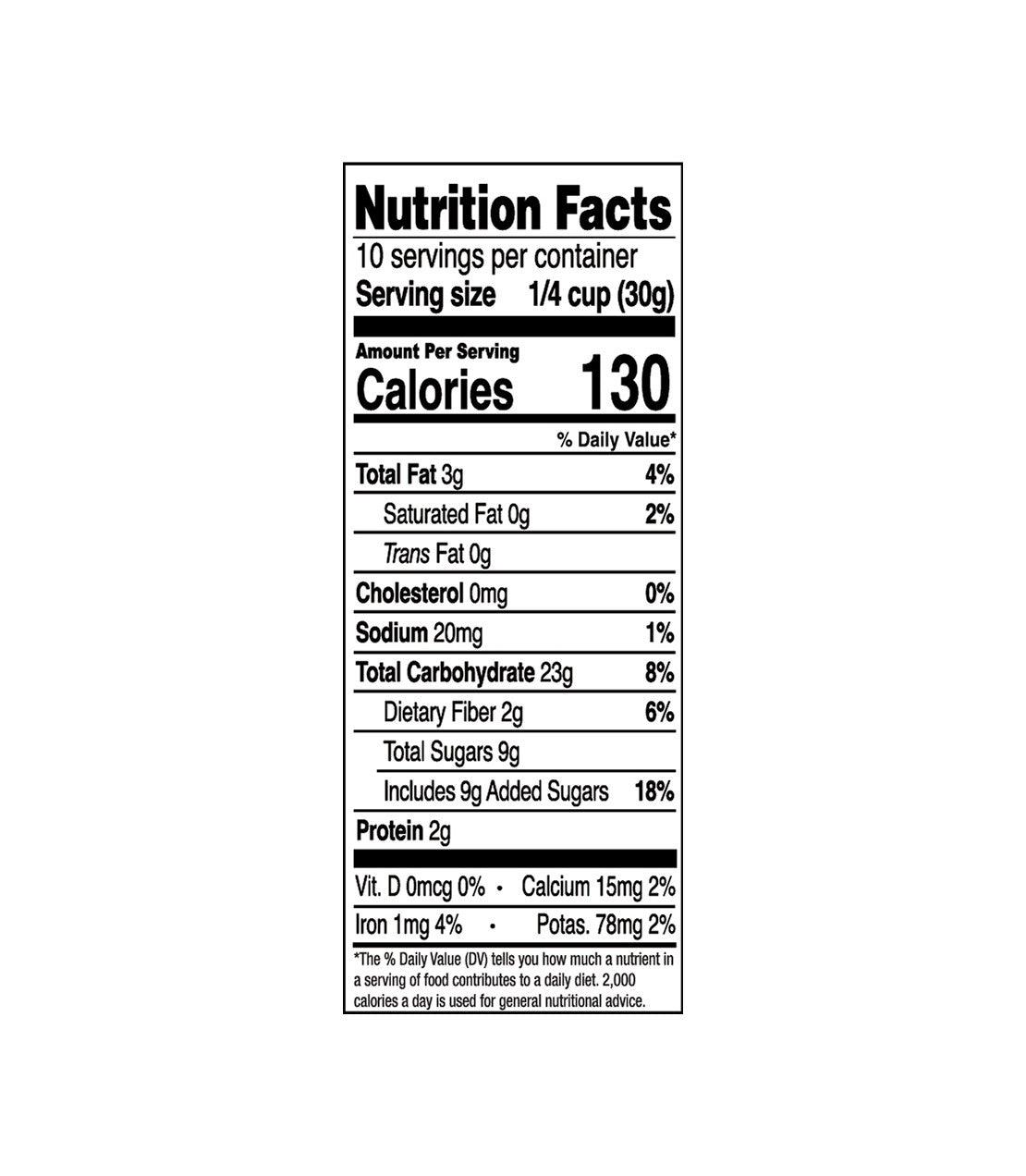 Aurora Natural Granola- Original Vanilla Crunch- Nutrition Facts- 10 Servings Per Container- 130 Calories per serving