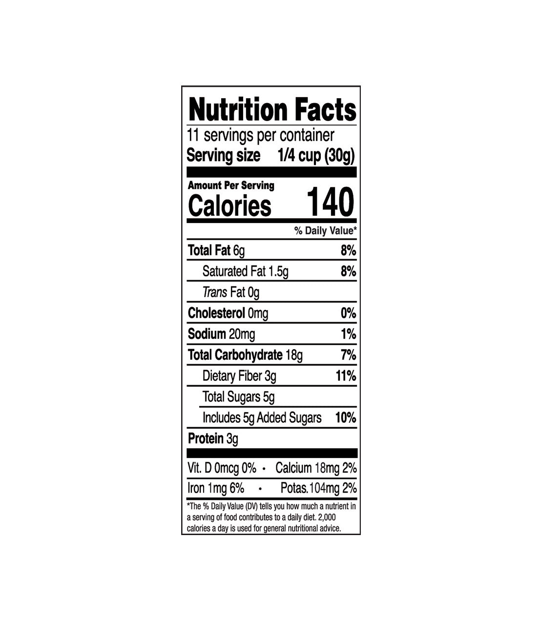 Aurora Natural Granola- Nut & Honey- 11.5 oz bag- Nutrition Facts- 11 Servings per container- 140 calories per serving