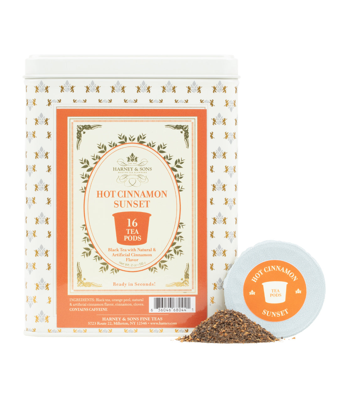 Harney & Sons Fine Teas- Hot Cinnamon Sunset Tea Pods- Cream hinged canister pictured with orange highlights- pile of tea- pod on side