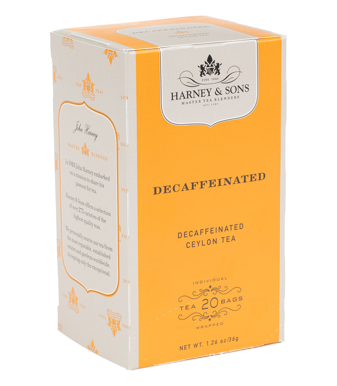 Box of 20 premium decaf Ceylon teabags by Harney & Sons, featuring rich black tea from Ceylon.