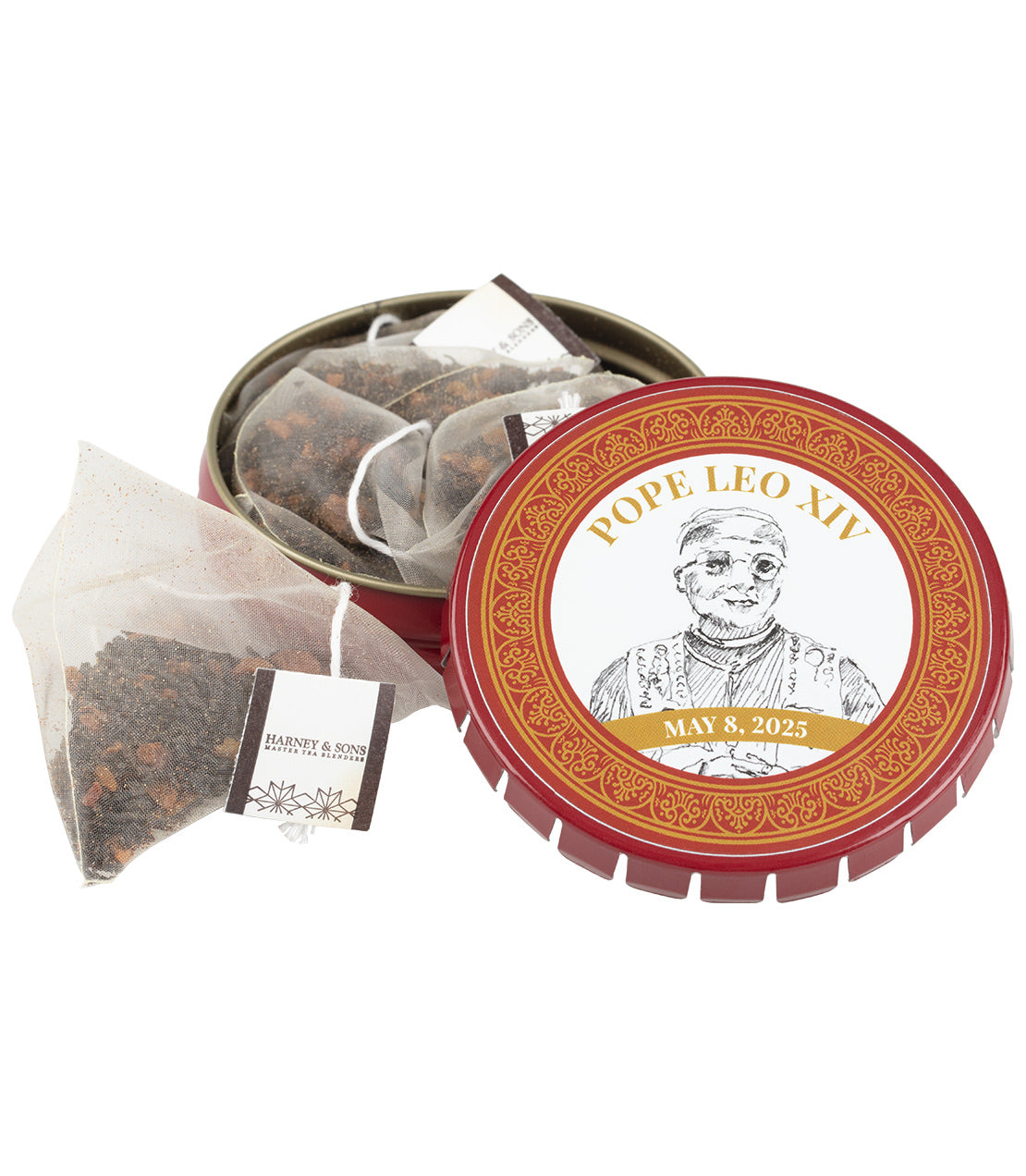 Harney & Sons Fine Teas- Tagalong- Pope Leo XIV- May 8, 2025- Open red and yellow tin with black and white pencil sketch of Pope- Lid on base with sachets