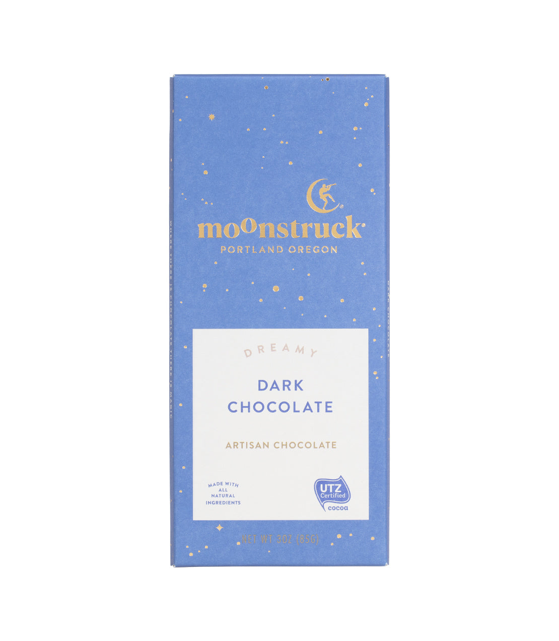 Moonstruck Chocolate Bar in blue packaging, featuring assorted flavors, labeled "Dreamy Dark Chocolate.