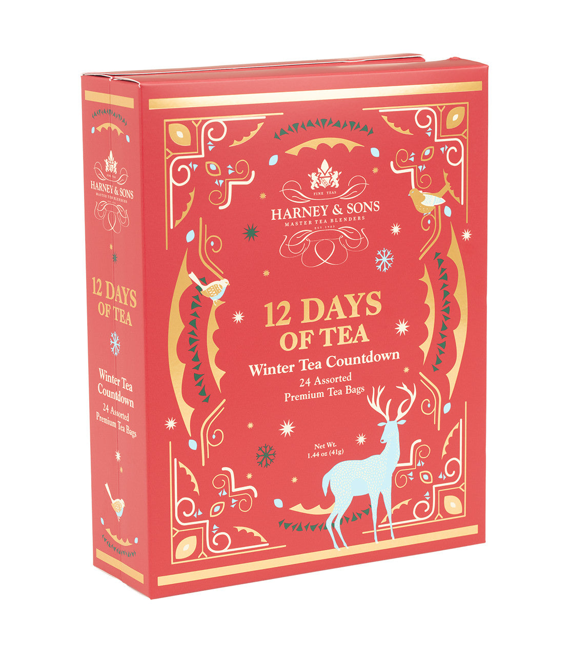 Harney & Sons Fine Teas- 12 Days of Tea- Winter Tea Countdown- 24 Assorted Premium Teabags- Red box with gold, blue, and green highlights- Pictured at 3/4 angle