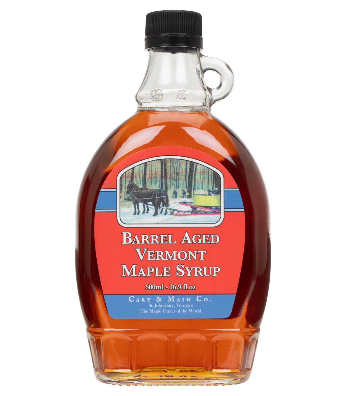 Cary & Main Co. 500ml bottle- Barrel Aged Vermont Maple Syrup- Glass bottle with red and blue label