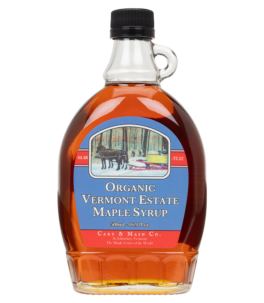 Cary & Main Co. 500ml bottle- Organic Vermont Estate Maple Syrup- Glass bottle with blue and red label