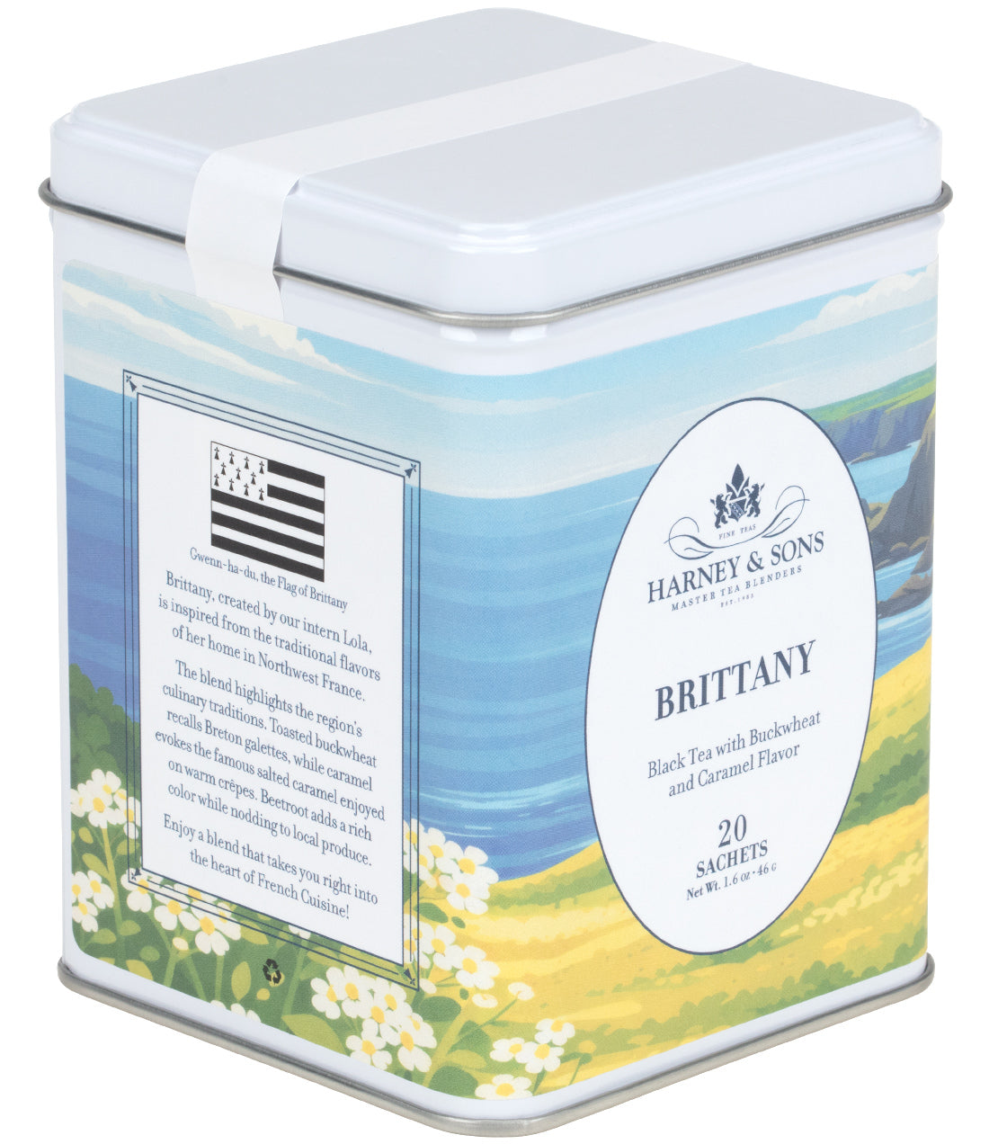 Harney & Sons Fine Teas- Brittany- Black Tea with Buckwheat and Caramel Flavor- White tin of 20 sachets with seaside scene label