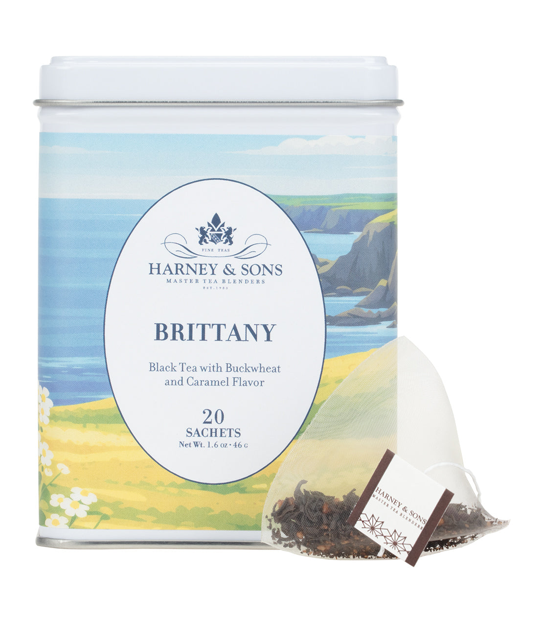 Harney & Sons Fine Teas- Brittany- Black Tea with Buckwheat and Caramel Flavor- White tin of 20 sachets with seaside scene label- Pictured with pyramid sachet