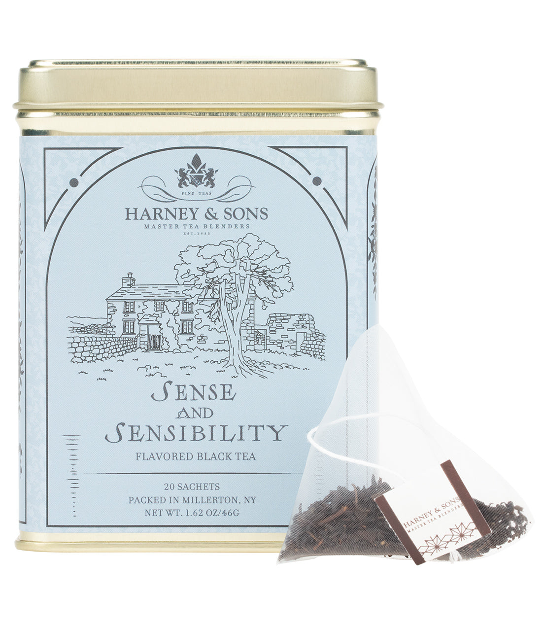 A tin of Harney & Sons Sense and Sensibility flavored black tea with a single pyramid sachet pictured in front on a white background.