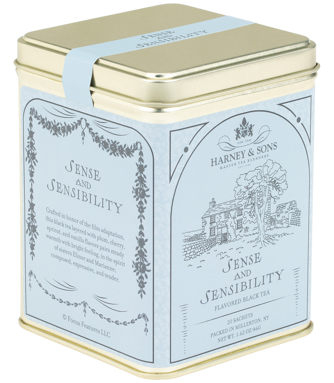 A square metal tea tin with a pale blue label and gold-toned lid and base, branded Harney & Sons. The front label reads 'Sense and Sensibility' and shows a house illustration.