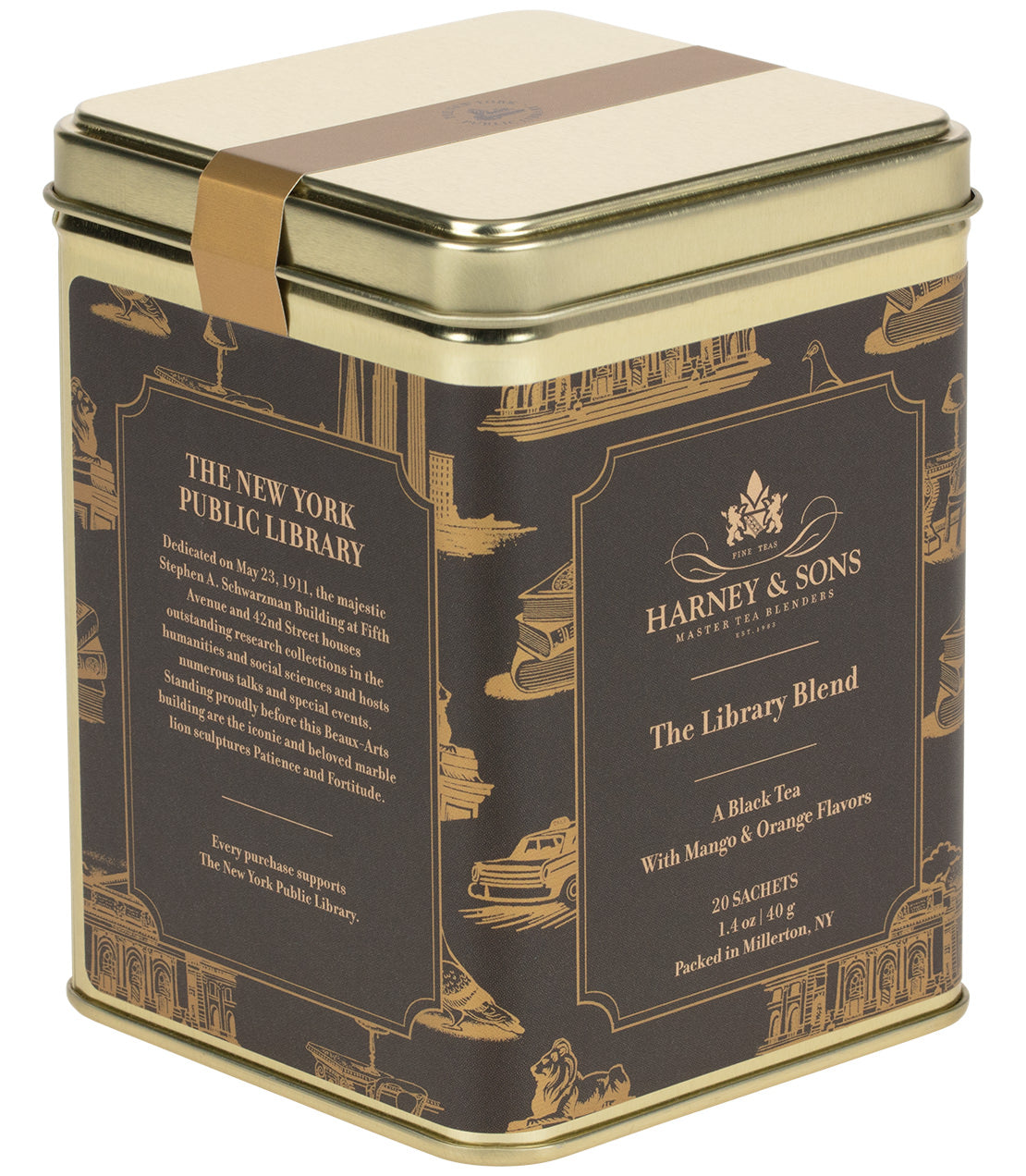 Harney & Sons Fine Teas- The Library Blend- A Black Tea with Mango & Orange Flavors- Black and gold tin of 20 sachets-
