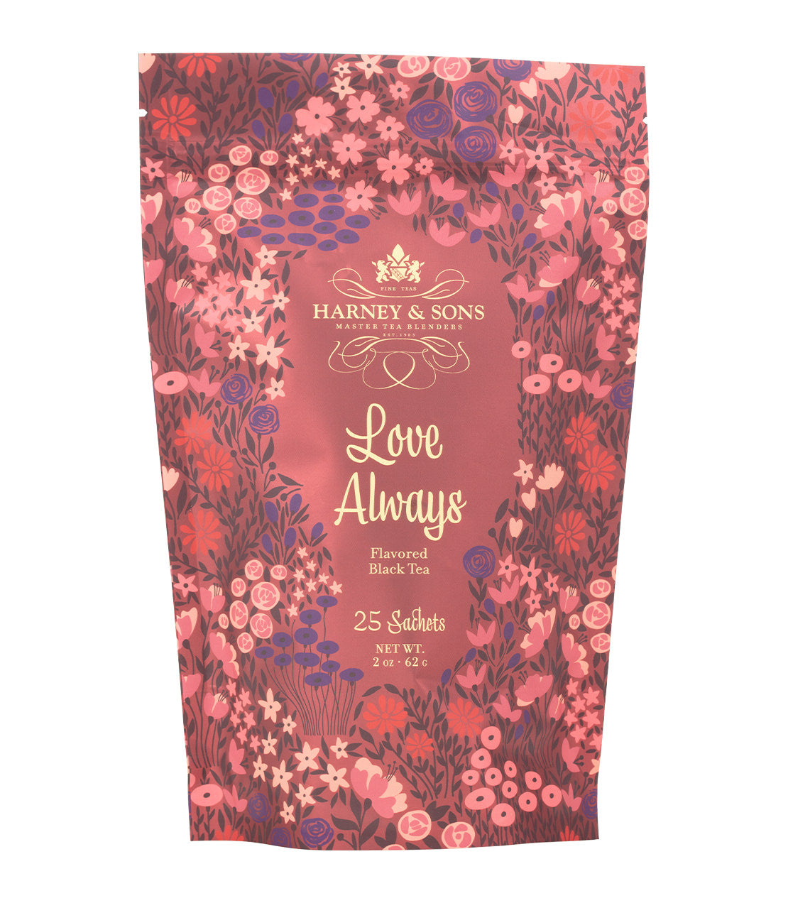 Harney & Sons Fine Teas- Love Always- Bag of 25 tea sachets- Red bag with floral design- 