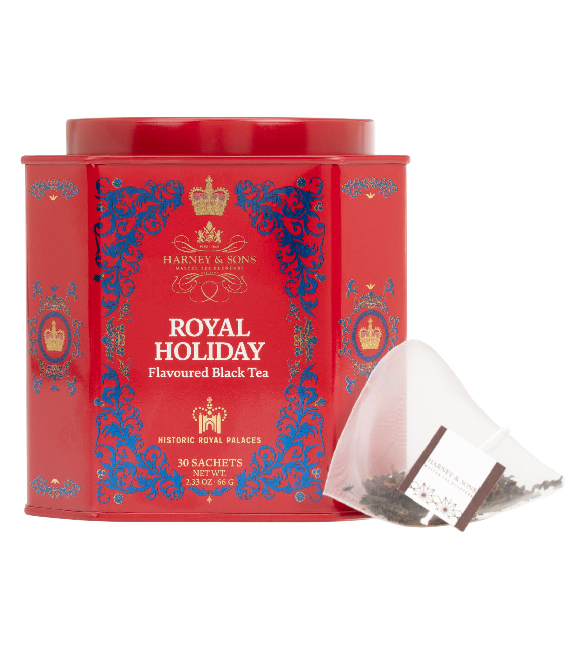 A red tin of Harney & Sons Royal Holiday flavoured black tea with a single sachet beside it.