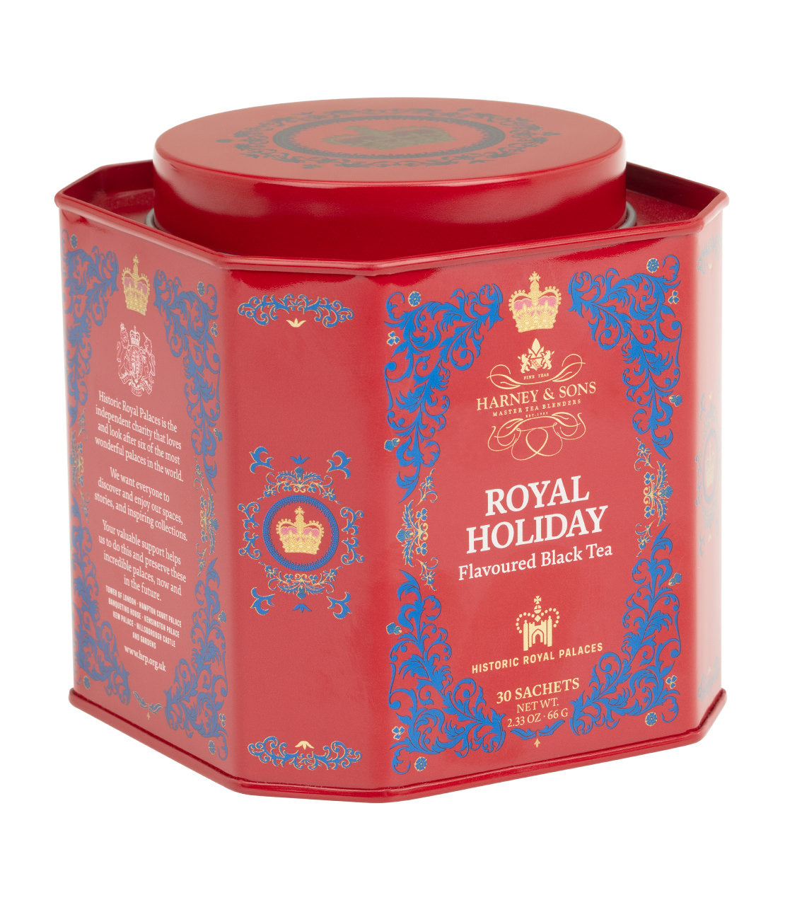 A red hexagonal tin of Harney & Sons Royal Holiday flavoured black tea, featuring blue and gold ornate designs and a matching lid.