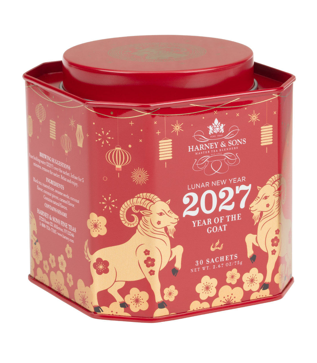 A red octagonal tin from Harney & Sons, labeled for the Lunar New Year 2027, Year of the Goat, featuring illustrations of goats and festive decorations.