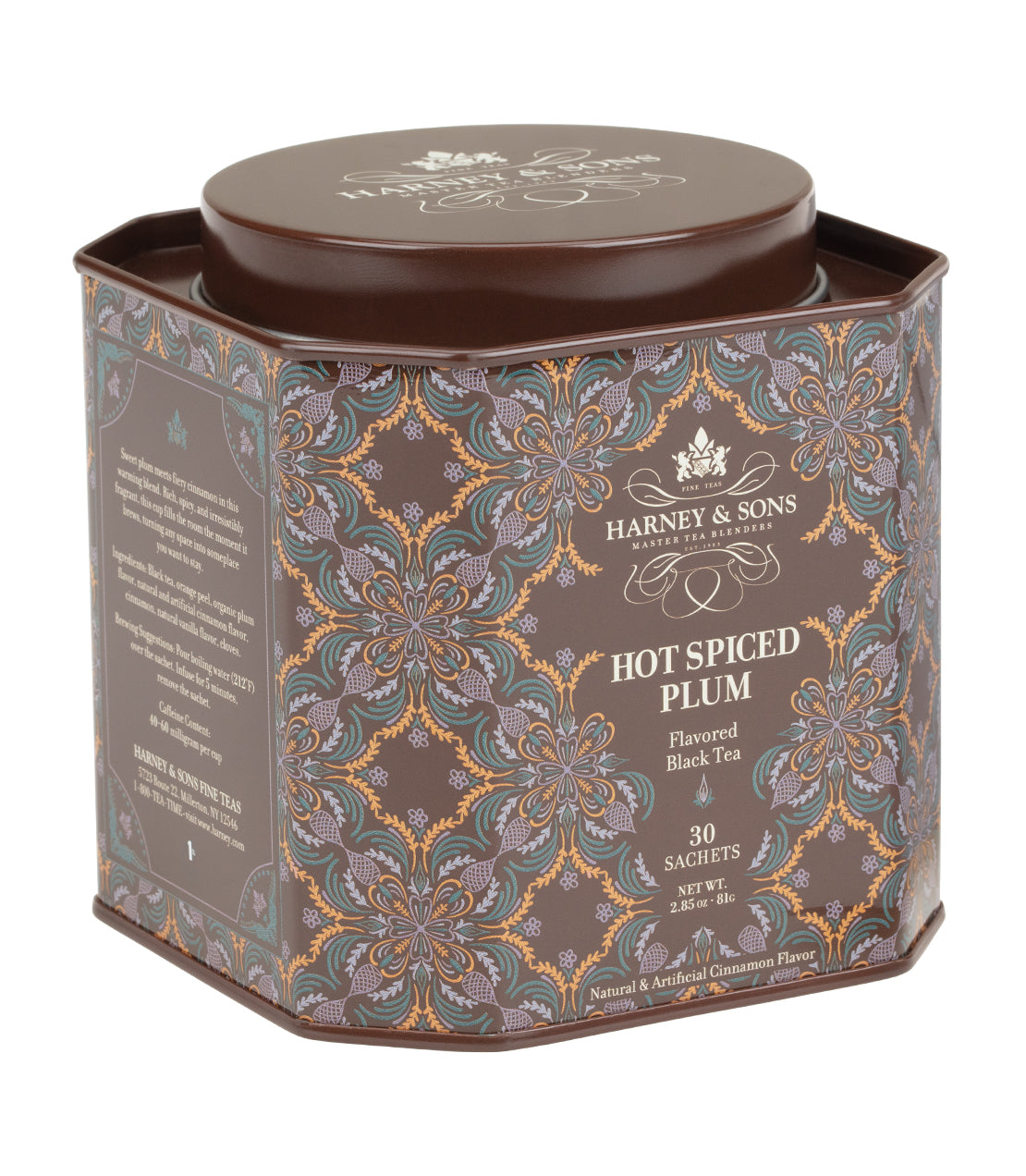 A hexagonal tin of Harney & Sons Hot Spiced Plum flavored black tea, featuring an ornate pattern and labeled with 30 sachets.