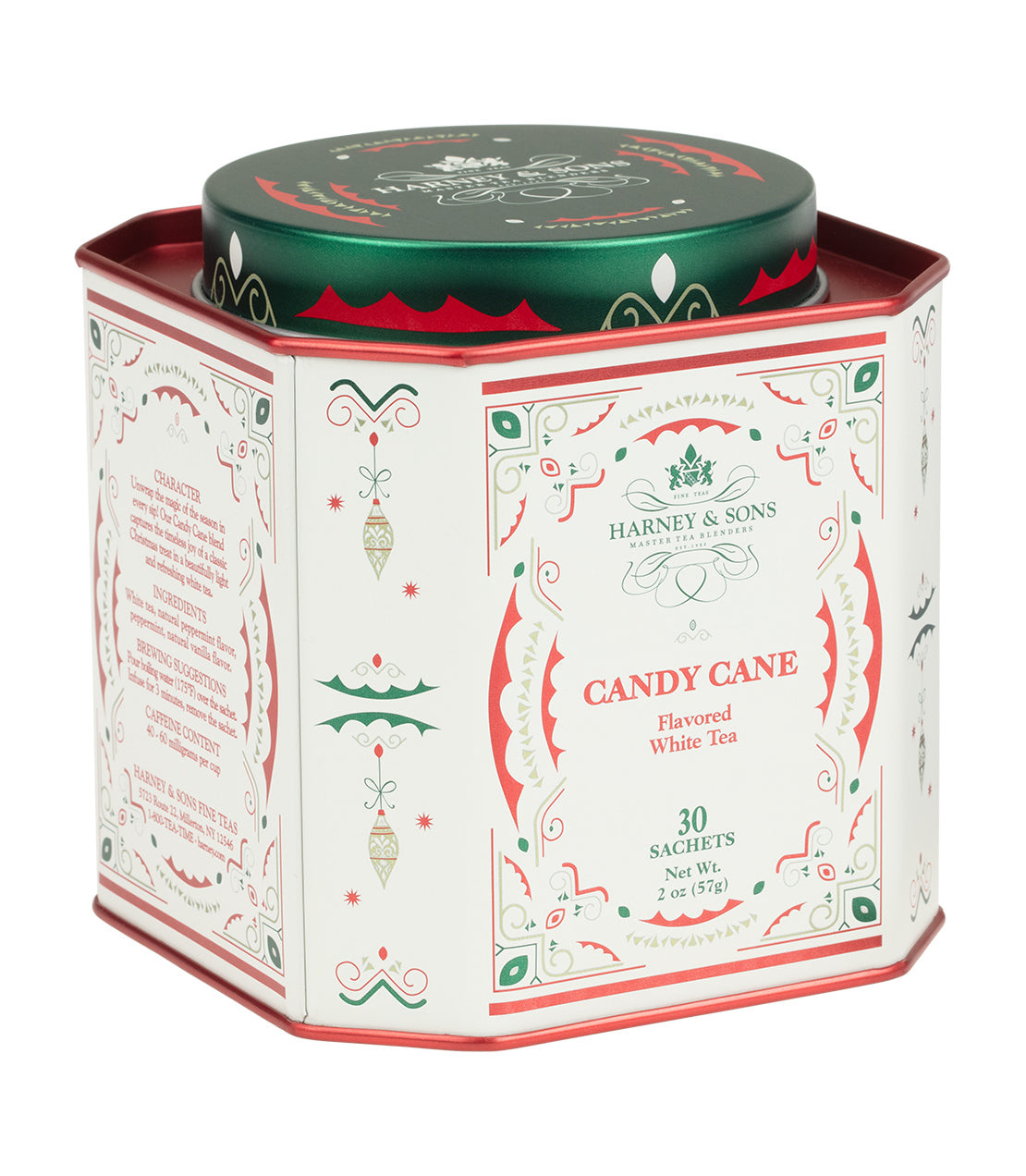 A festive hexagonal tin of Harney & Sons Candy Cane flavored white tea, featuring red and green holiday-themed design, containing 30 sachets