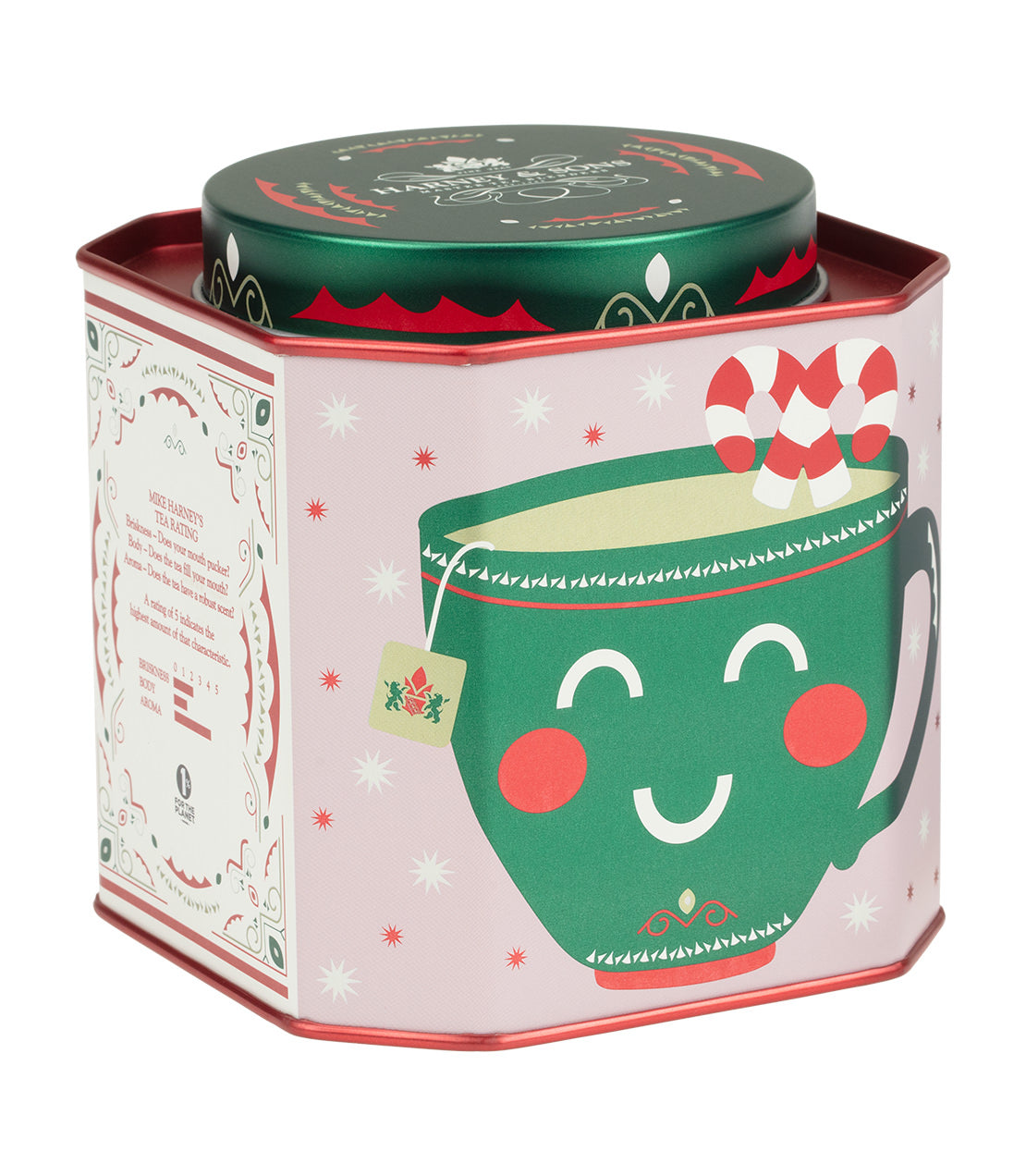 Harney & Sons Candy Cane Tea- A festive hexagonal tin with a smiling green teacup design, adorned with candy canes and holiday patterns, containing 30 sachets of tea