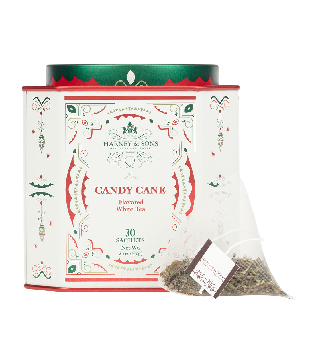 A festive tin of Harney & Sons Candy Cane flavored white tea with 30 sachets, accompanied by a single sachet.