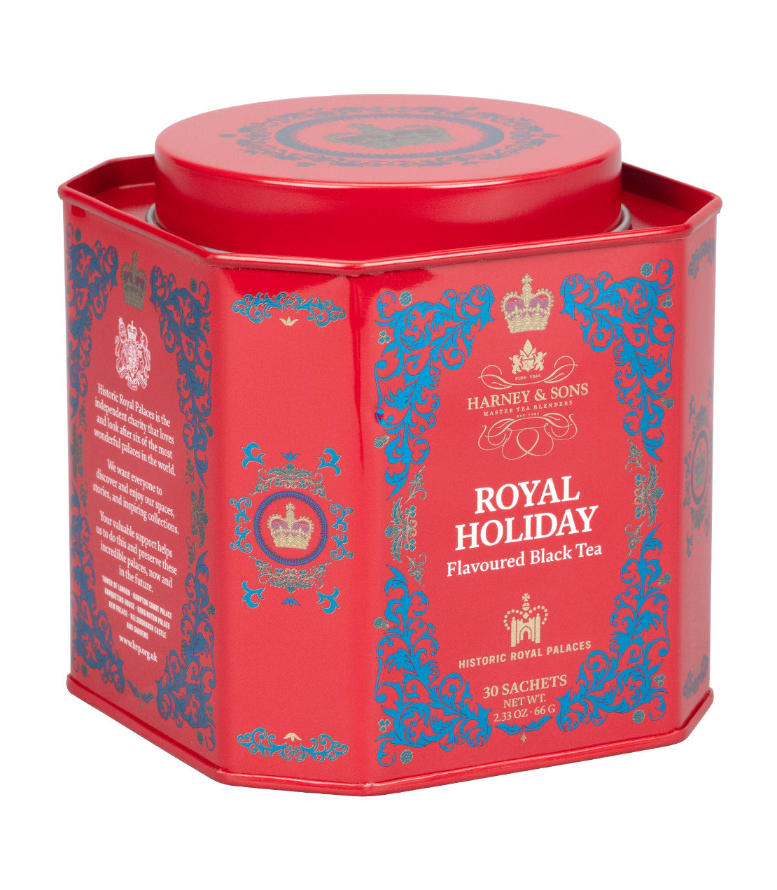A red hexagonal tin of Harney & Sons Royal Holiday flavoured black tea, featuring blue and gold ornate designs and a matching lid.