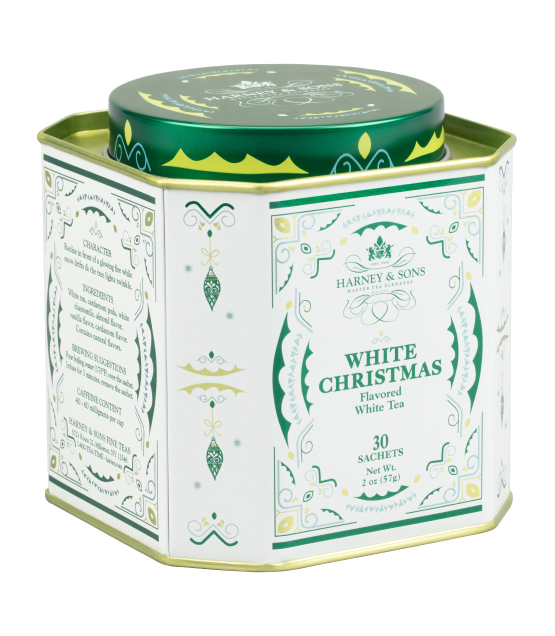 A hexagonal metal tea tin for Harney & Sons 'White Christmas' flavored white tea, featuring a white body with green and gold ornate patterns, a dark green lid, and light green trim, shown on a white background.