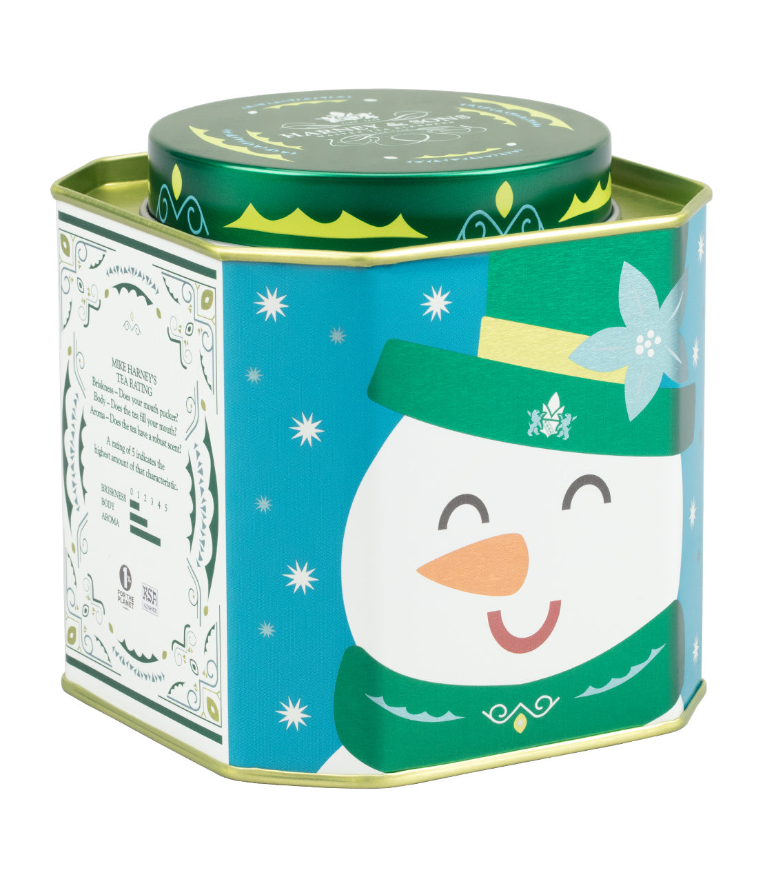 A hexagonal metal tin canister with a festive winter design, featuring a smiling snowman wearing a green hat and scarf on a bright blue background, with a green lid and decorative side panel.