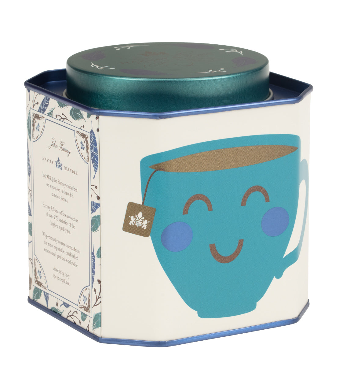 Harney & Sons Fine Teas- Vanilla Bean- White tin of 30 sachets featuring cartoon image of teacup icon with smiling face