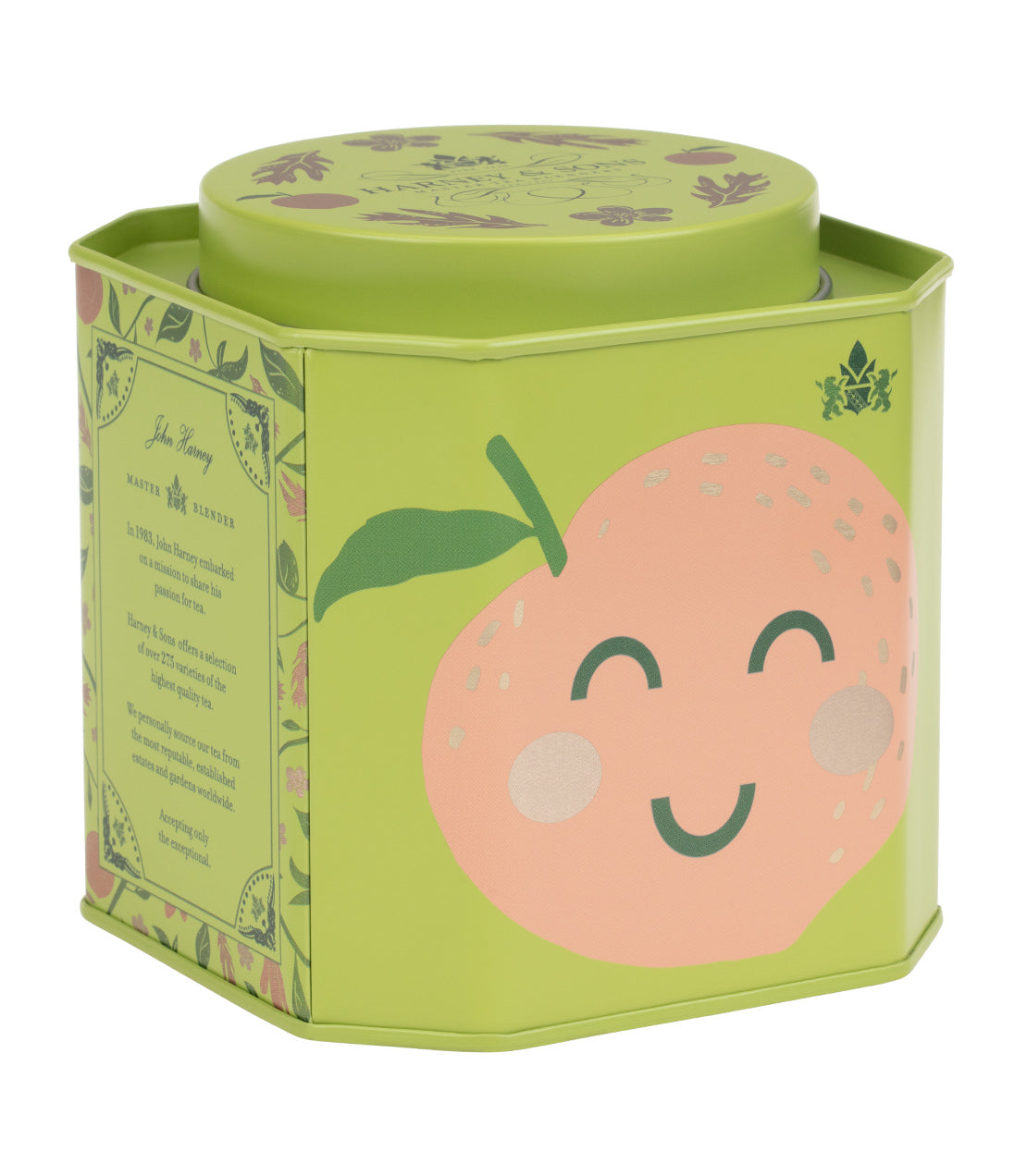 Harney & Sons Fine Teas- White Peach Matcha- Icon Collection- Green tin of 30 sachets picturing illustration of smiling peach icon