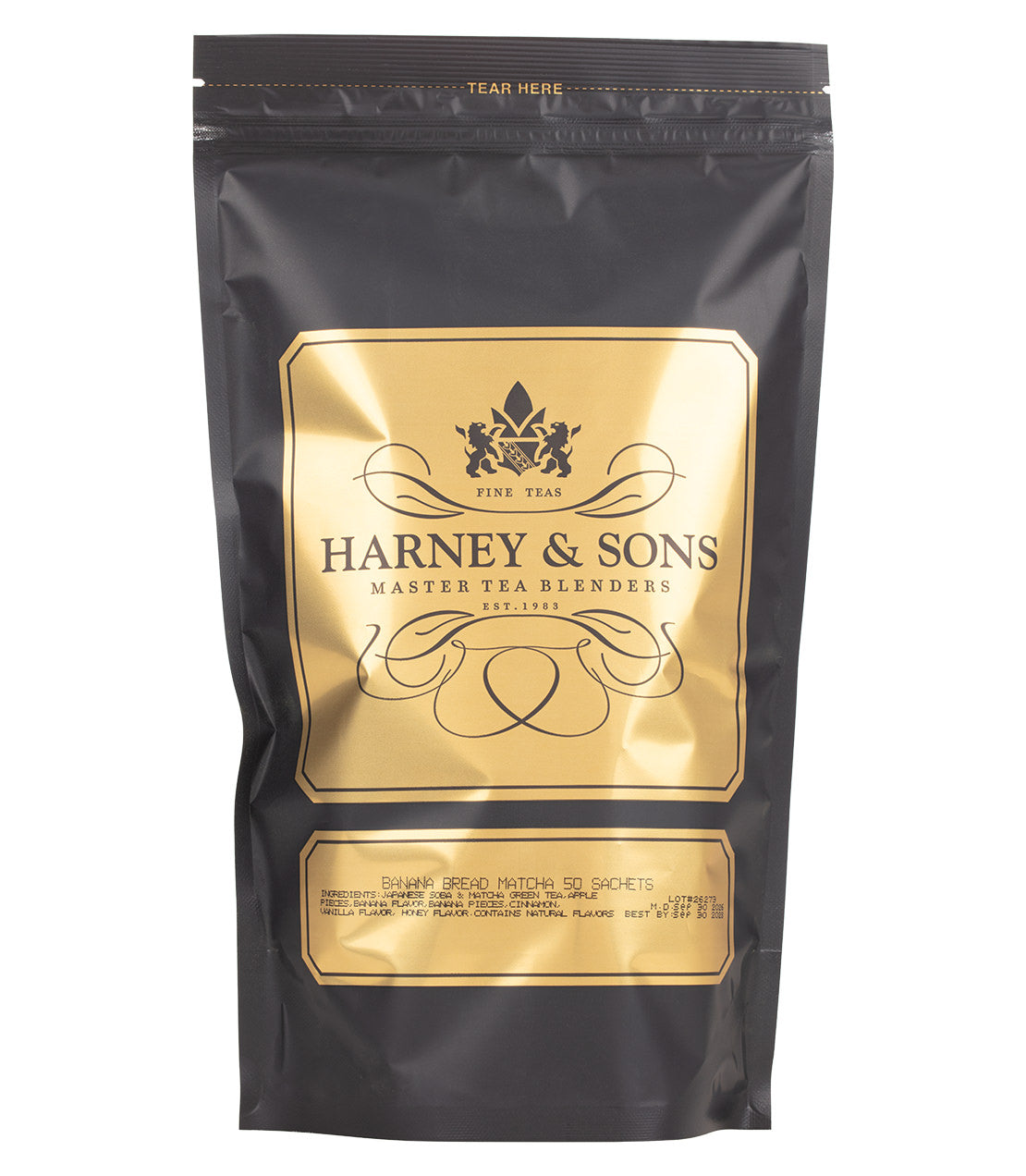 A black and gold stand-up resealable pouch of Harney & Sons Banana Bread Matcha 50 count sachets on a plain white background.