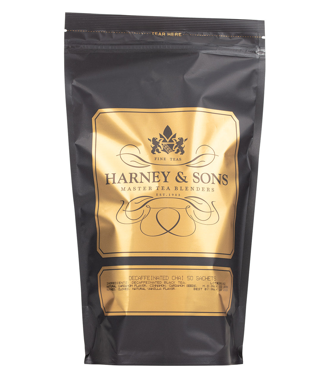 A black pouch of 50 sachets of Harney & Sons decaffeinated chai tea with gold labeling and a tear notch at the top.