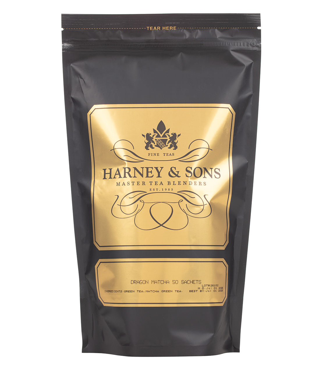 A black pouch of Harney & Sons Dragon Matcha tea, containing 50 sachets, with gold labeling and a tear notch at the top.