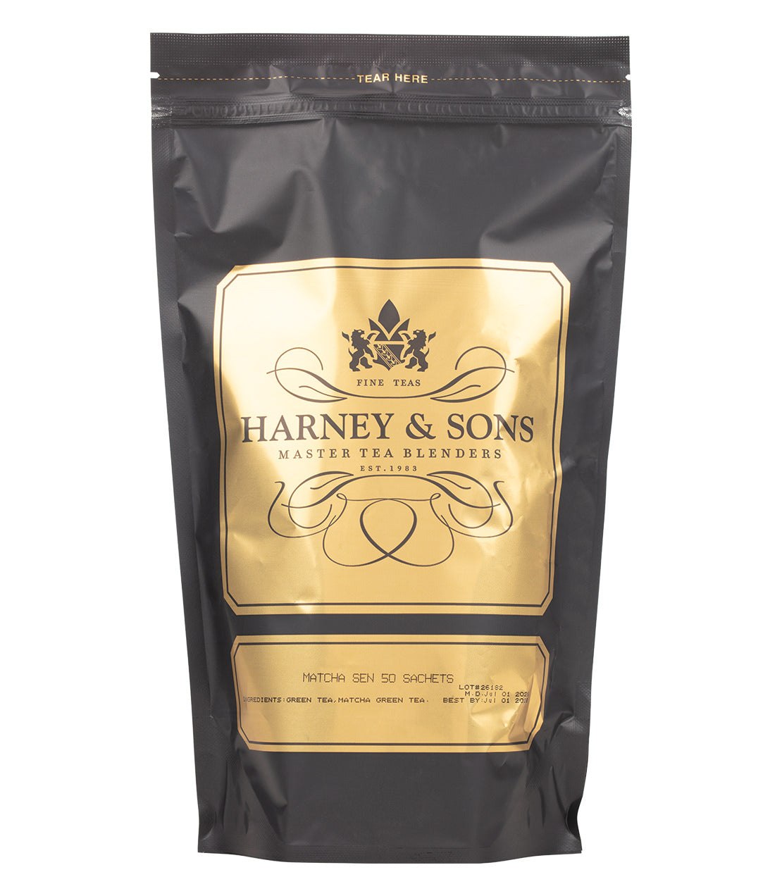 A black pouch of Harney & Sons Matcha Sen tea, featuring gold labeling with 50 sachets and a tear line at the top.