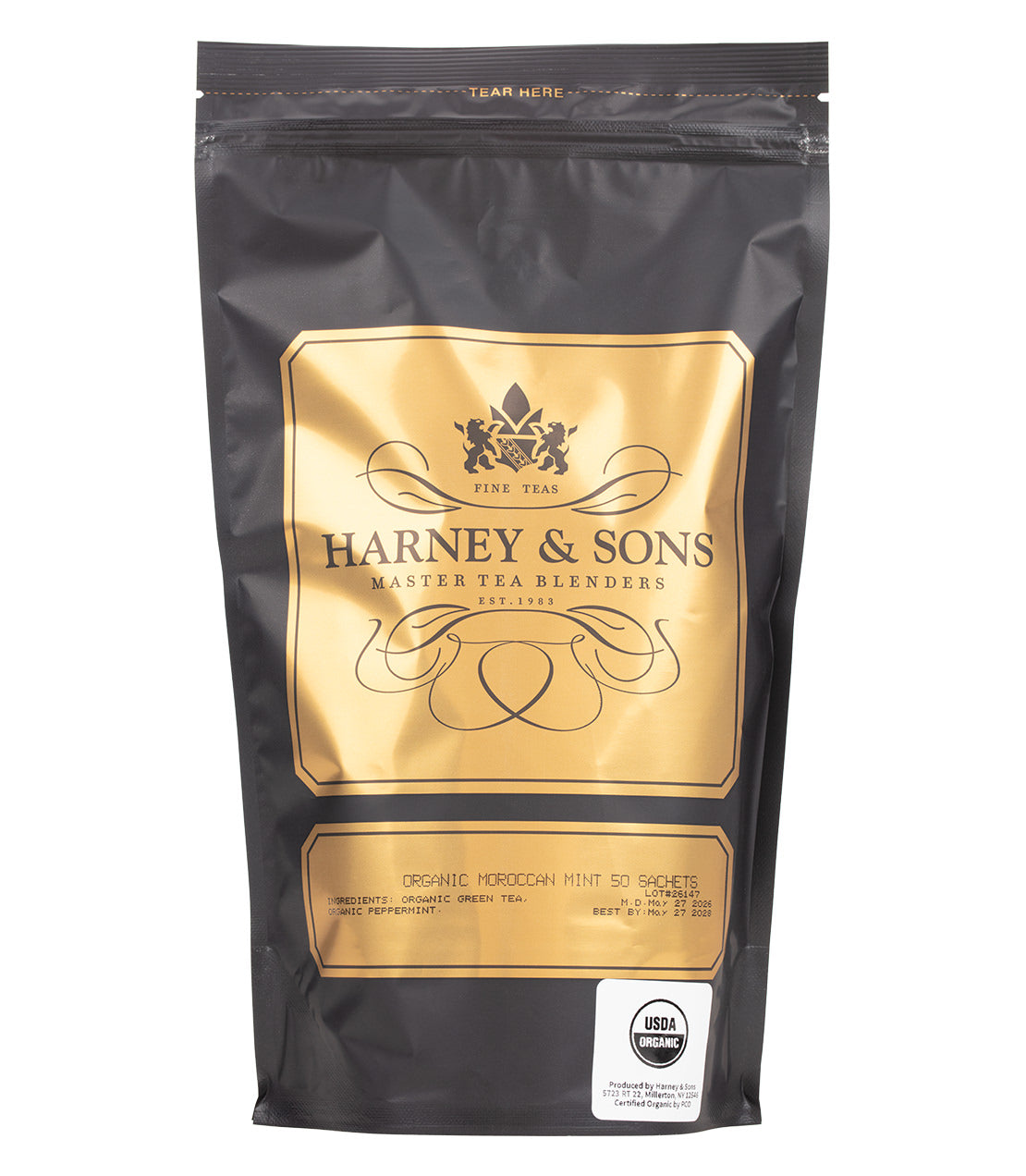 A black and gold resealable bag of Harney & Sons Organic Moroccan Mint tea, featuring gold labeling and USDA Organic certification.