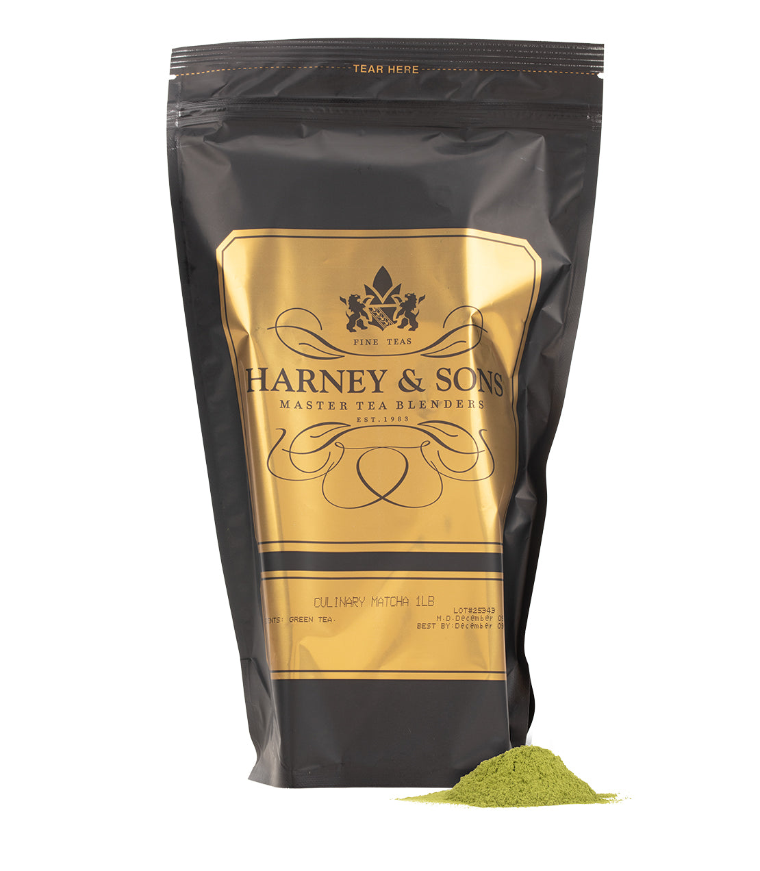 A black and gold package of Harney & Sons Culinary Matcha tea with a small pile of green matcha powder displayed beside it.