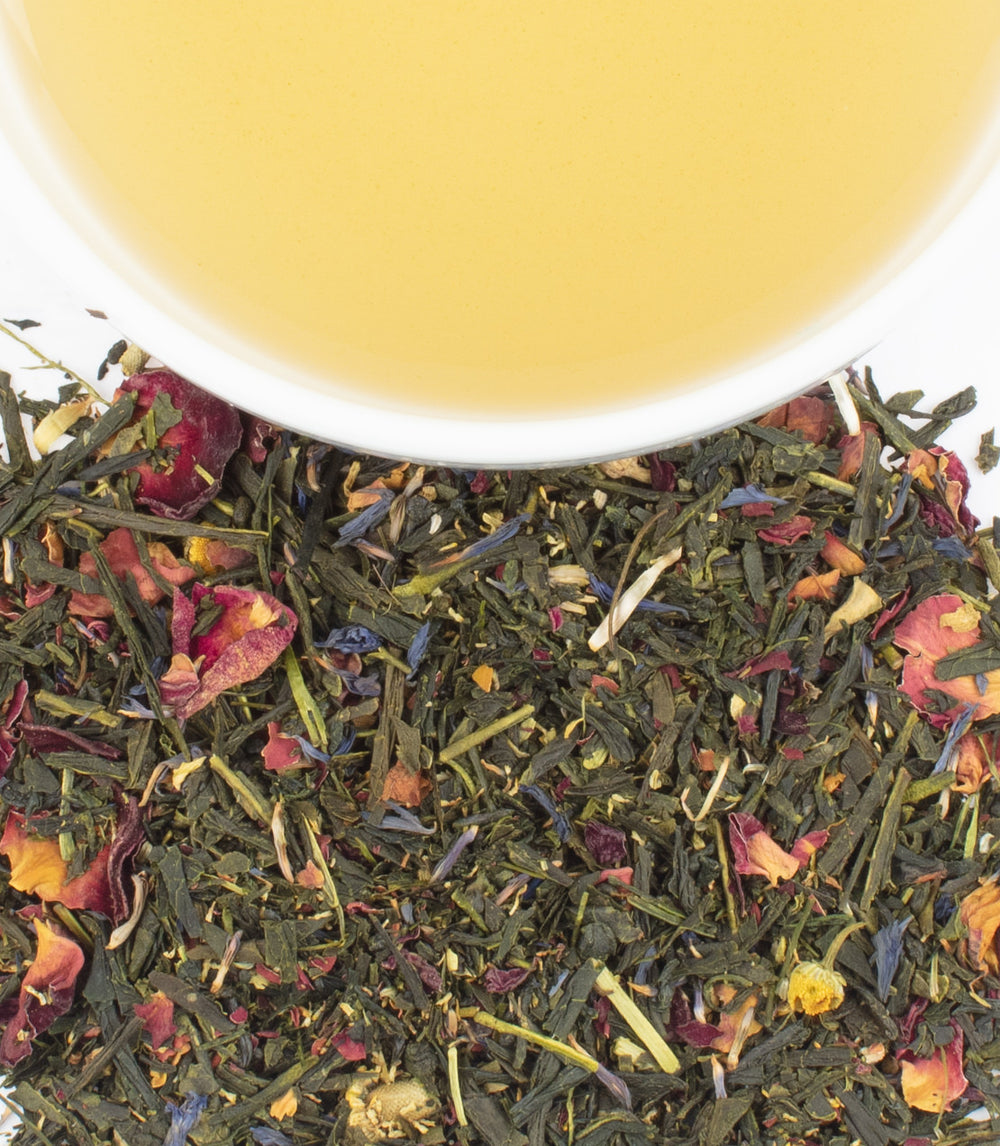 Harney & Sons Fine Teas- Getty Museum- Garden Blend- Shot from above of dry tea leaves and brewed cup of tea