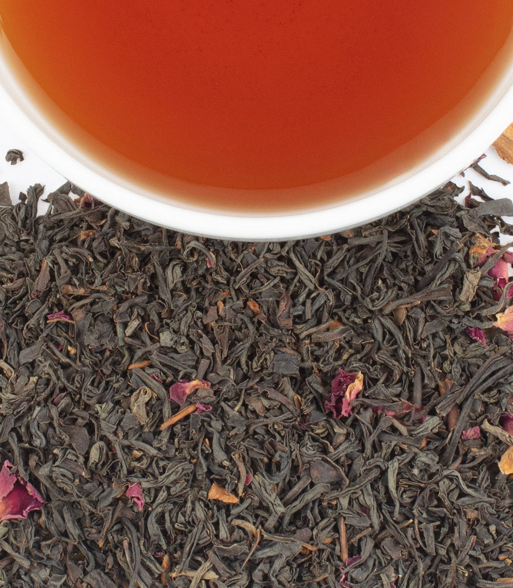 Harney & Sons Fine Teas- Twilight Orange Grove- Shot from above of dry tea leaves and brewed cup of tea
