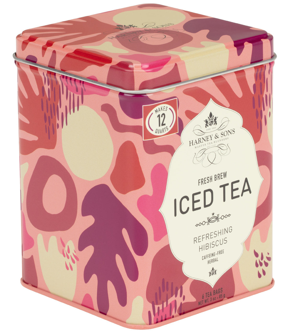 A pink and purple patterned metal tin of Harney & Sons refreshing hibiscus iced tea, caffeine-free herbal, containing 6 tea bags yielding 12 quarts