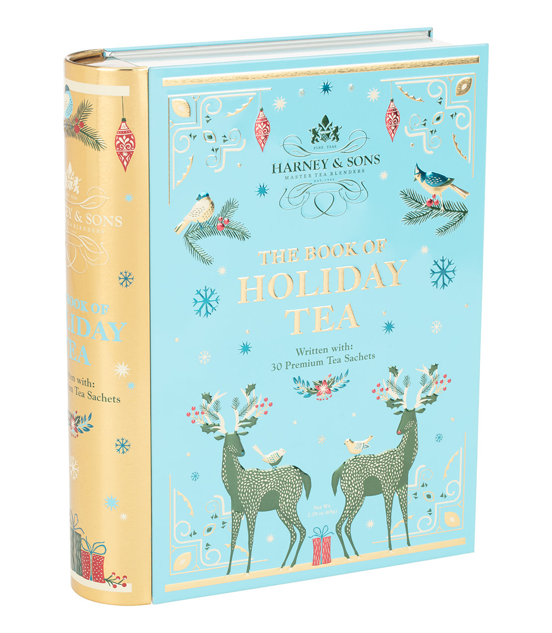 A festive holiday-themed book box from Harney & Sons containing 30 premium tea sachets, featuring illustrated deer, birds, and ornaments on a light blue cover with gold accents.
