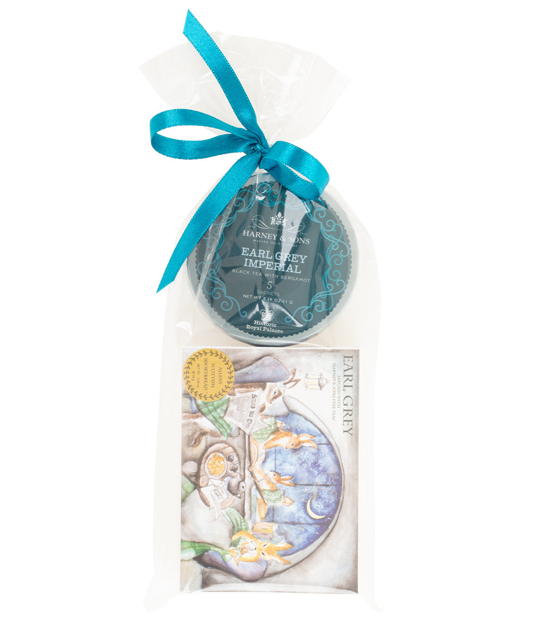 A gift set featuring a Harney & Sons Earl Grey Imperial tea tagalong and a illustrated box of Earl Grey Scottish shortbread, tied with a teal ribbon.