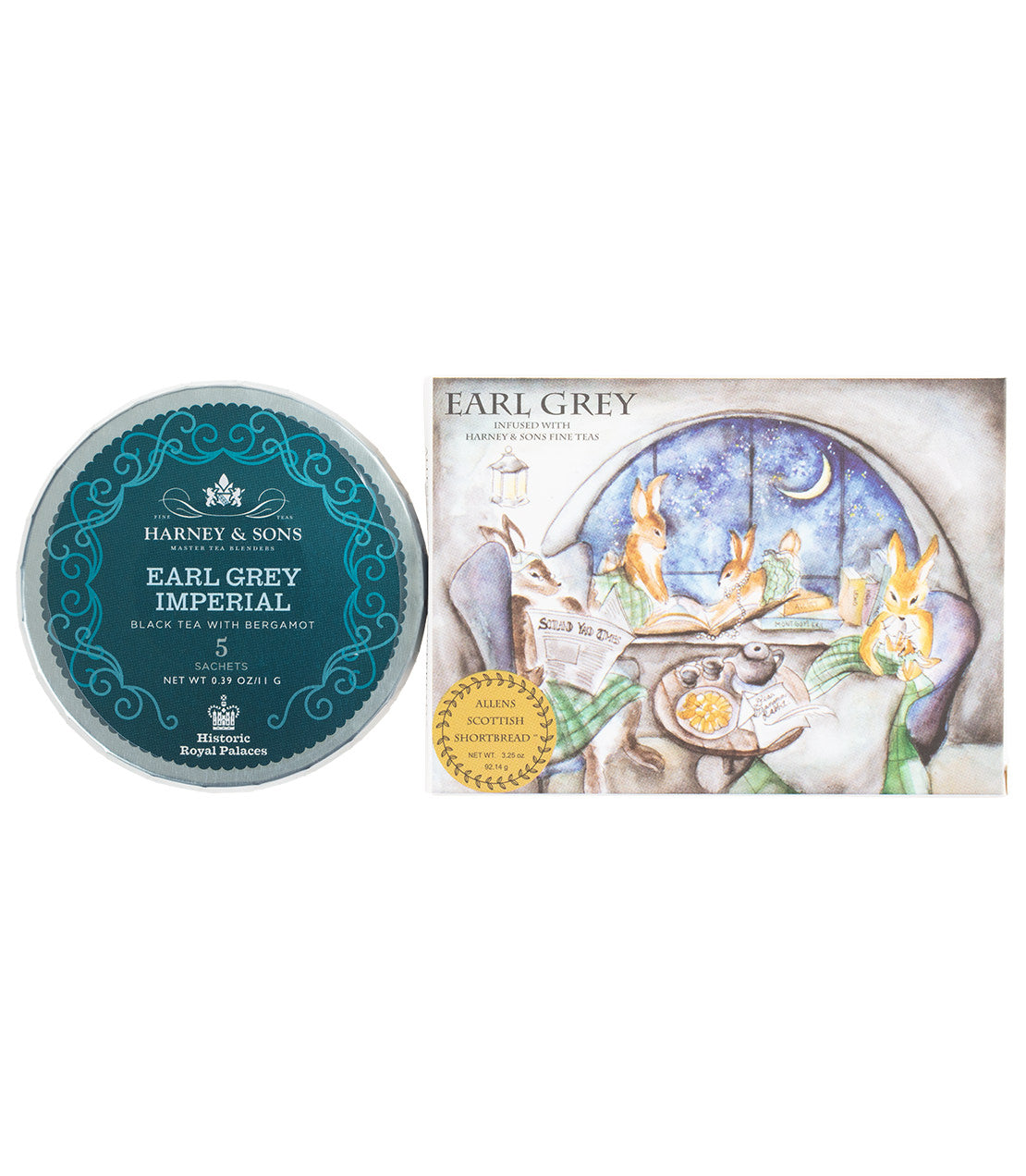 HARNEY & SONS Earl Grey Imperial tea round tagalong tin featuring a teal label and a box of Earl Grey Shortbread with an illustrated outer box with rabbits and a gold seal.