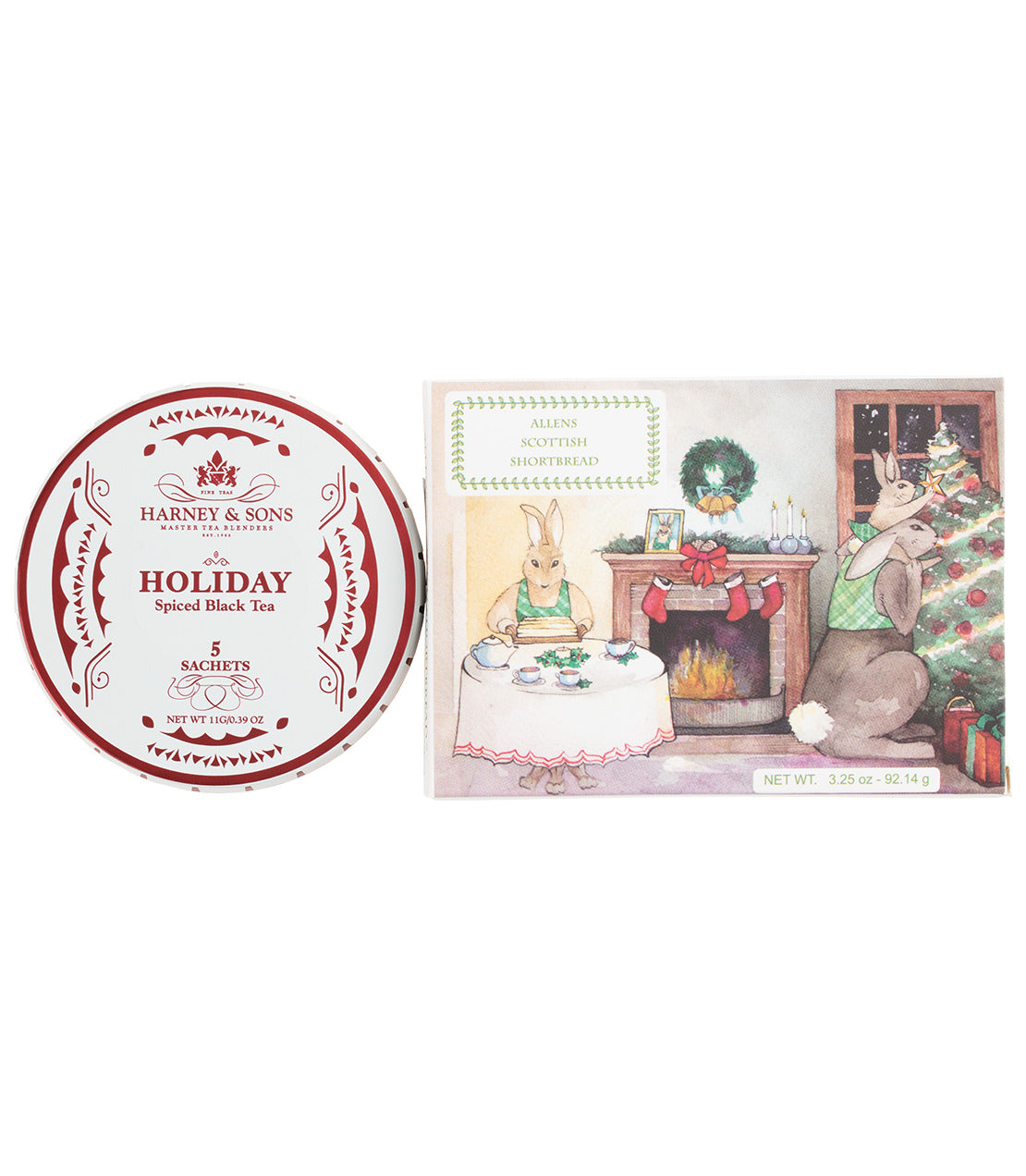 Round white tagalong tin reads 'HARNEY & SONS HOLIDAY Spiced Black Tea' and the box of shortbread features a holiday scene with rabbits
