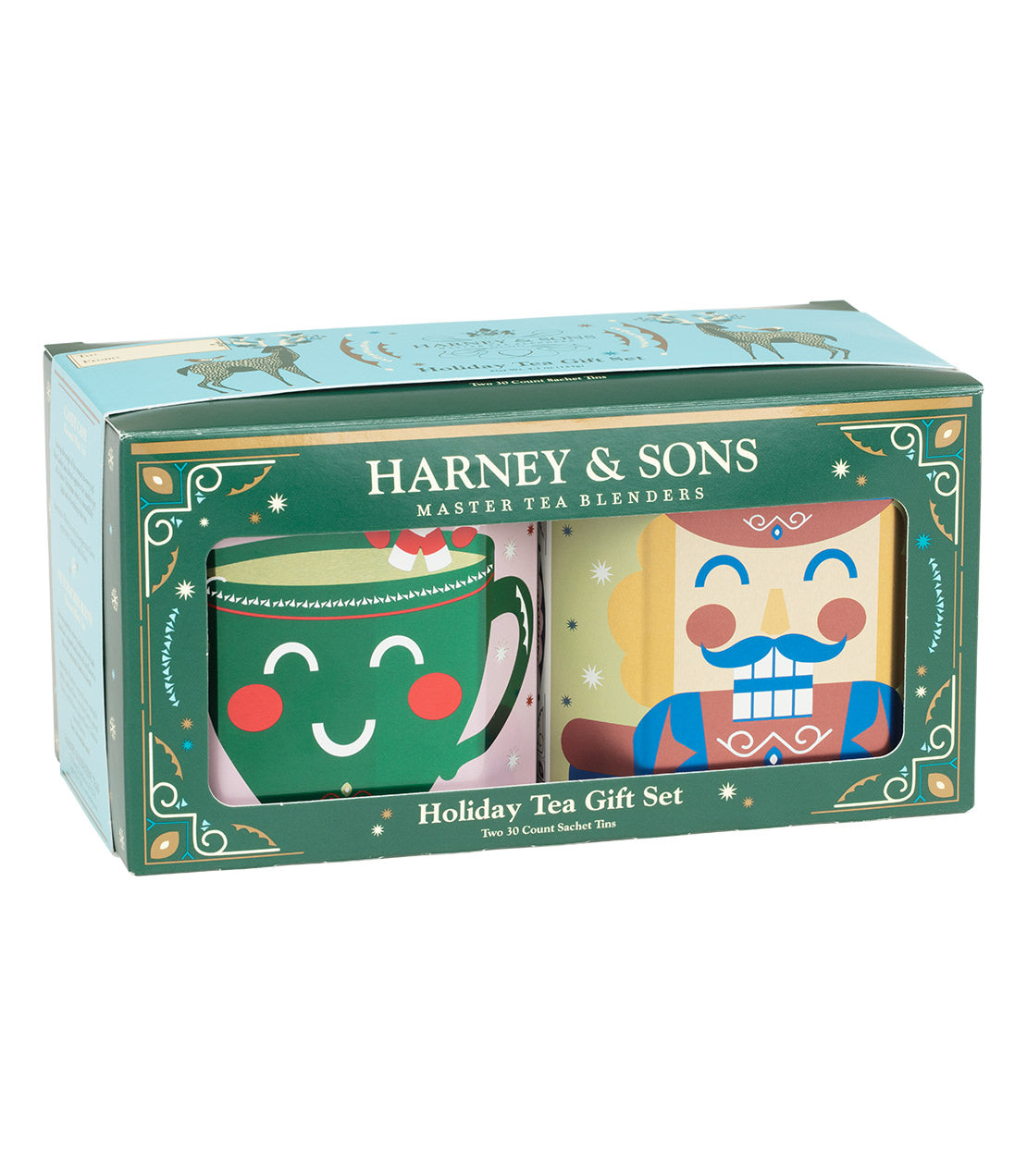 A festive holiday tea gift set by Harney & Sons featuring two colorful, illustrated tea sachet tins in a decorative green box.